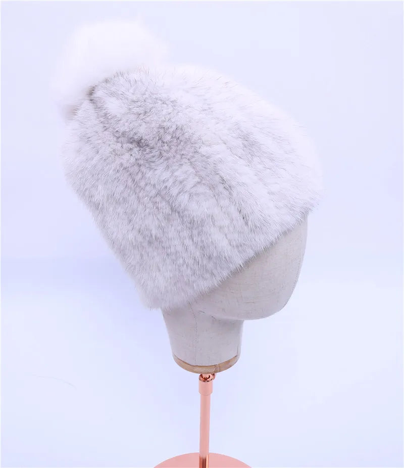 Gorro de piel de visón real para mujer, gorro de punto con pompones de piel de zorro, grueso, elástico, 100%, para invierno, 2017