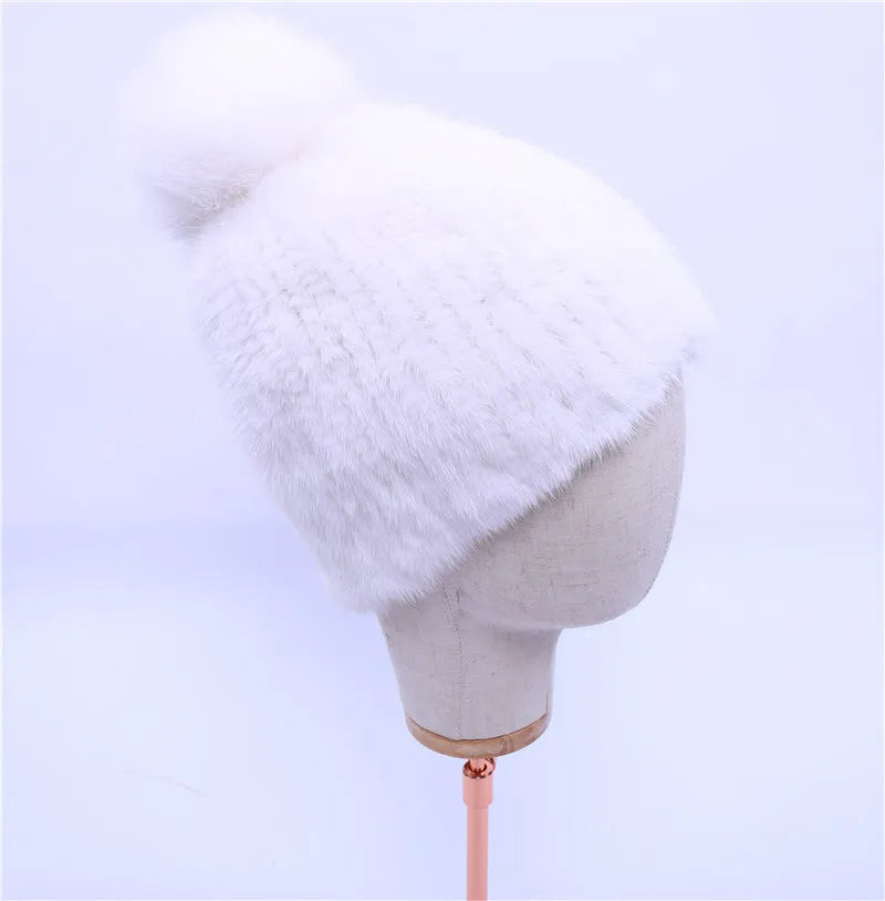 Gorro de piel de visón real para mujer, gorro de punto con pompones de piel de zorro, grueso, elástico, 100%, para invierno, 2017