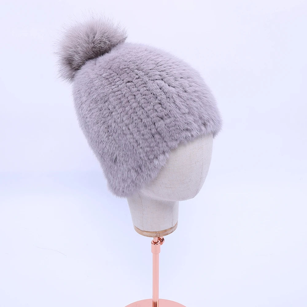 Gorro de piel de visón real para mujer, gorro de punto con pompones de piel de zorro, grueso, elástico, 100%, para invierno, 2017