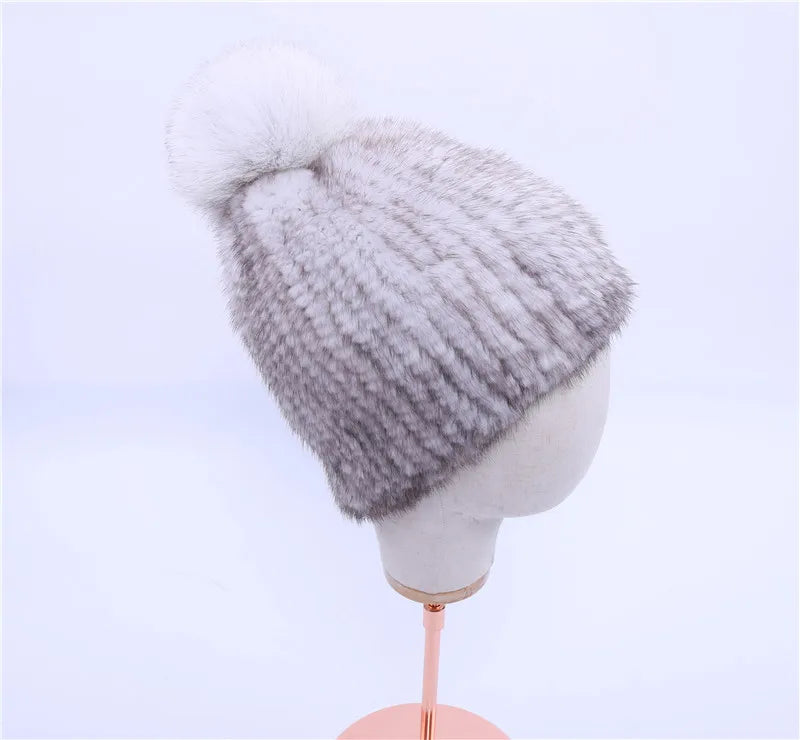 Gorro de piel de visón real para mujer, gorro de punto con pompones de piel de zorro, grueso, elástico, 100%, para invierno, 2017