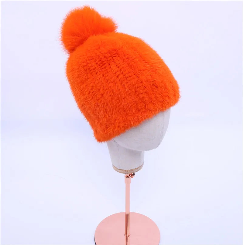Gorro de piel de visón real para mujer, gorro de punto con pompones de piel de zorro, grueso, elástico, 100%, para invierno, 2017