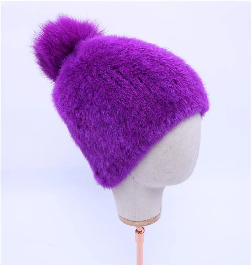 Gorro de piel de visón real para mujer, gorro de punto con pompones de piel de zorro, grueso, elástico, 100%, para invierno, 2017