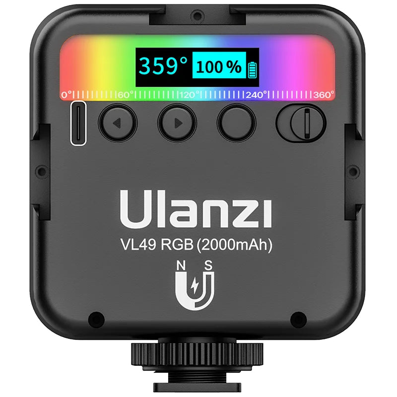 Ulanzi VL49 Luz LED RGB para Cámara, Video 2500K-9000K 800LUX, Mini Luz de Relleno Magnética con 3 Soportes de Zapata Fría, 2000mAh Tipo-C para YouTube