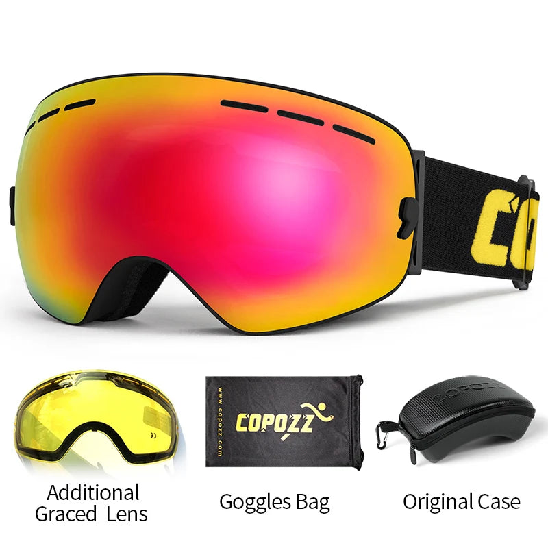 COPOZZ Gafas de esquí para adultos, lentes de 2 capas, antivaho, UV400, gafas esféricas para snowboard de día y noche, conjunto de gafas de esquí para hombres y mujeres