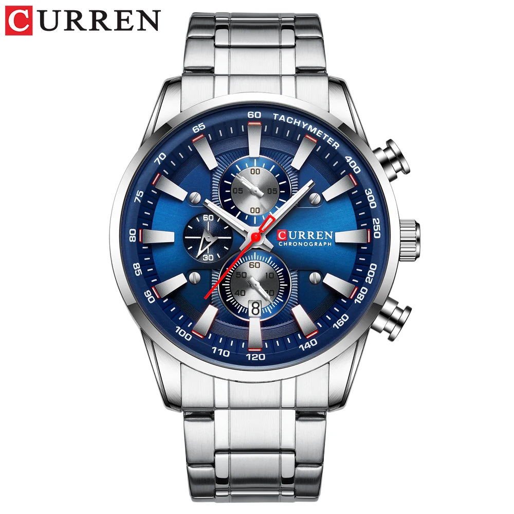 Reloj Curren para hombre, marca de lujo de alta gama, esfera grande, reloj de cuarzo azul, cronógrafo deportivo, reloj de pulsera para hombre, de acero inoxidable con fecha