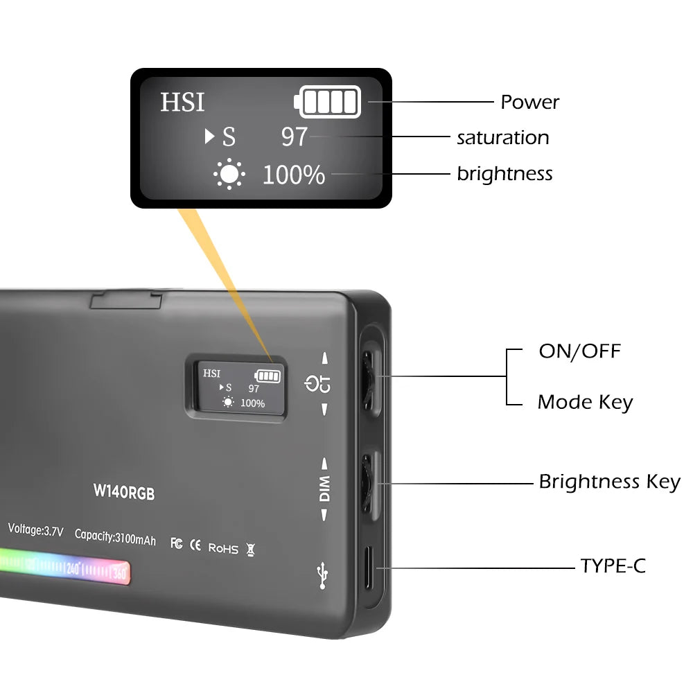 SH-luz de cámara LED W140 RGB para vídeo, 2500-9000K, 3100mAh con efecto difusor, luz de relleno para Vlog, iluminación de fotografía