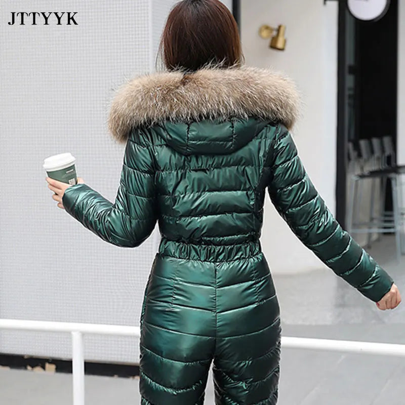 Traje de esquí de una pieza para mujer, chaquetas de invierno, Parka con capucha, mono de algodón para mujer, monos con fajas, monos con cremallera, chándales