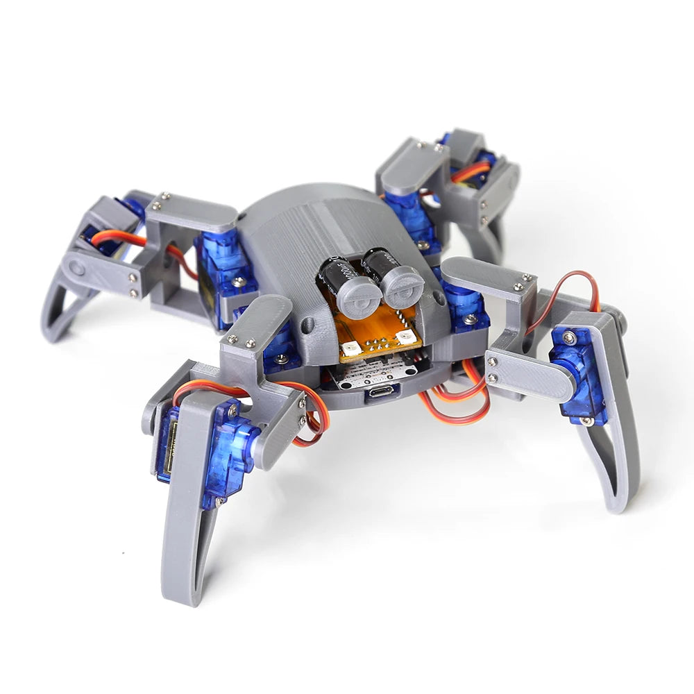 Robot araña cuadrúpedo en kit DIY, patas grises con servos azules y placa electrónica