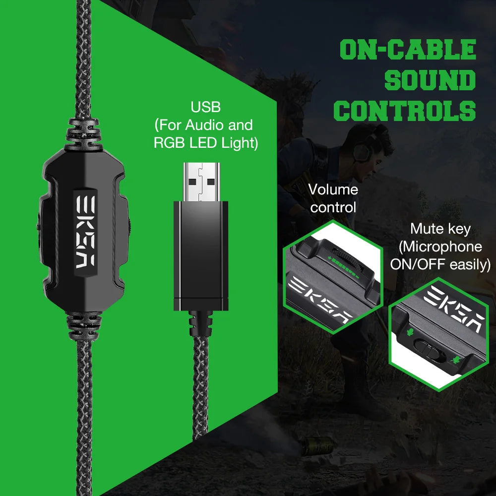 Audífonos gaming con cable USB, controles en el cable y luz RGB