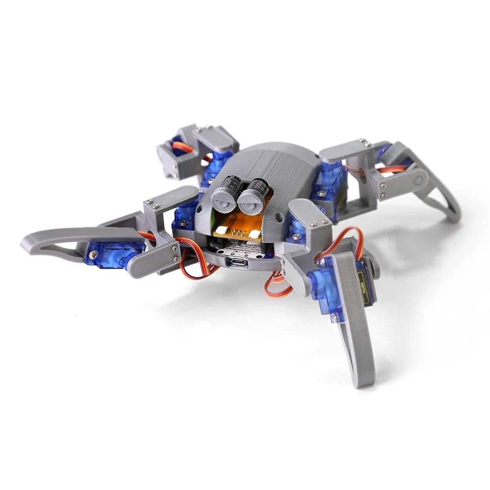 Robot araña cuadrúpedo DIY con chasis gris, servos azules y cableado naranja