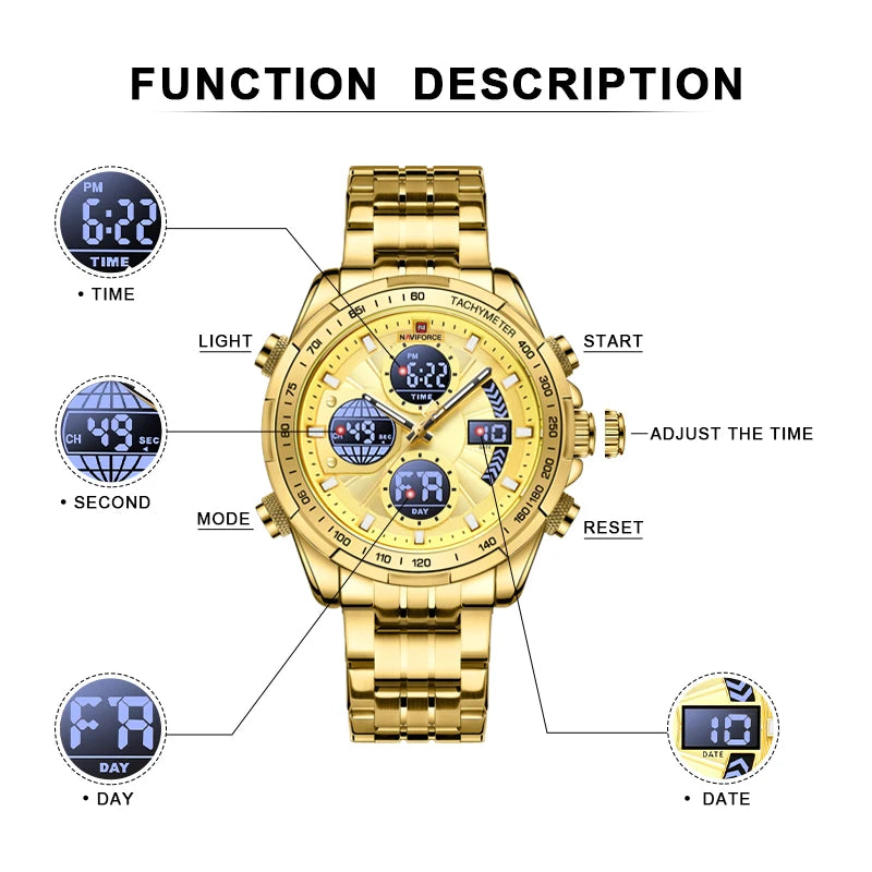 Top Luxury NAVIFORCE Men's Watch Dold Dial Quartz Double Military Time Sports Watch Steel Belt Waterproof Luminous Alarm Clock