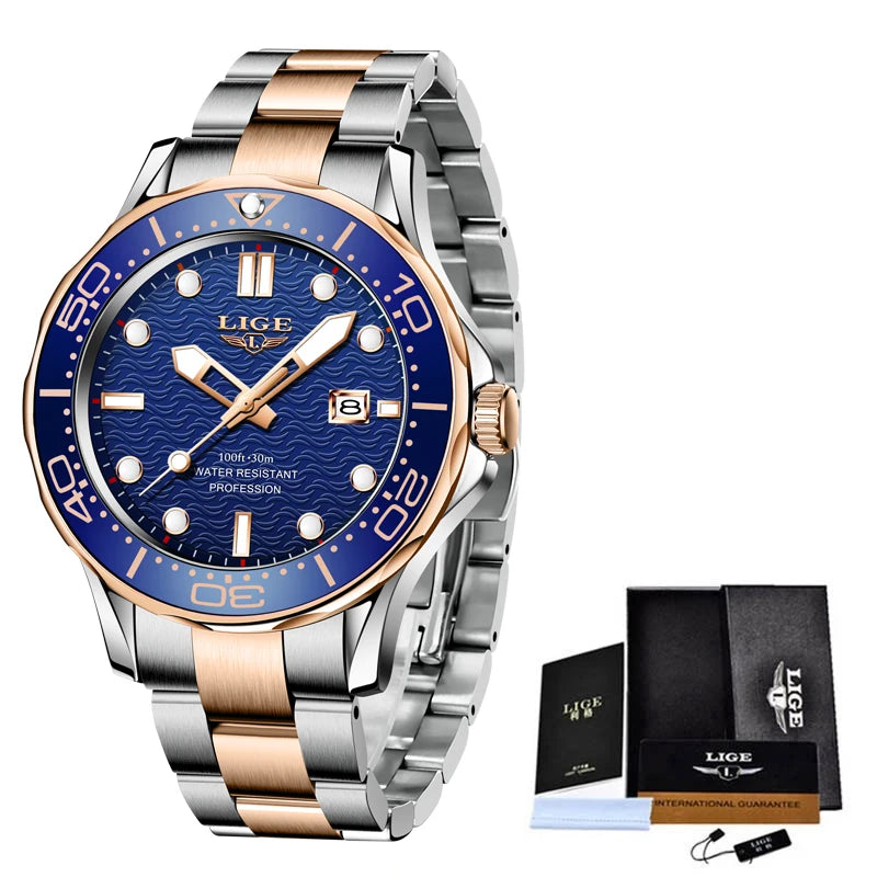 2025 LIGE Nuevos Relojes de Negocios para Hombres Reloj de Buceo de Lujo de Primera Marca para Hombres Reloj Deportivo con Fecha Resistente al Agua Reloj Masculino+Caja