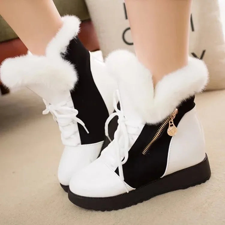 Botas cortas cálidas para mujer, botines de suela gruesa con tacón de pendiente, a juego de colores, informales, sencillos, 2023