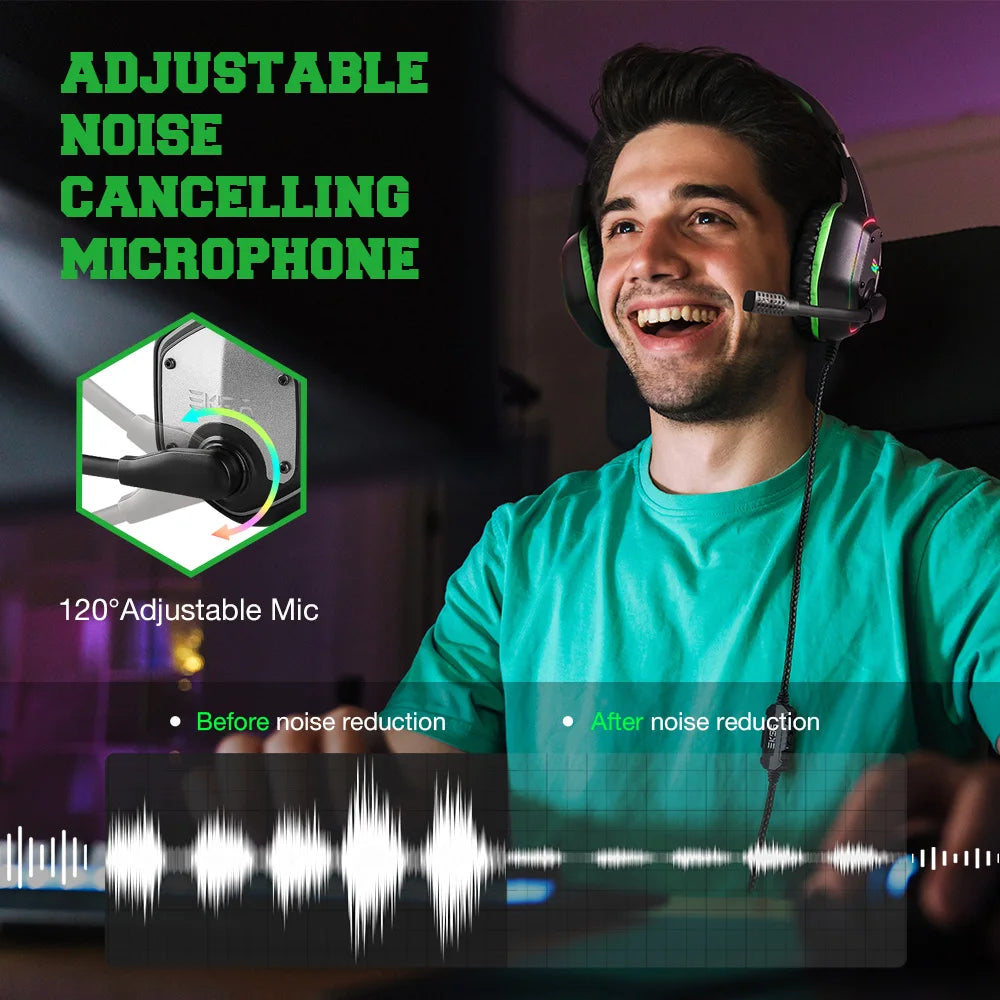 Audífonos gaming con micrófono para cancelación de ruido, aro verde y luz RGB