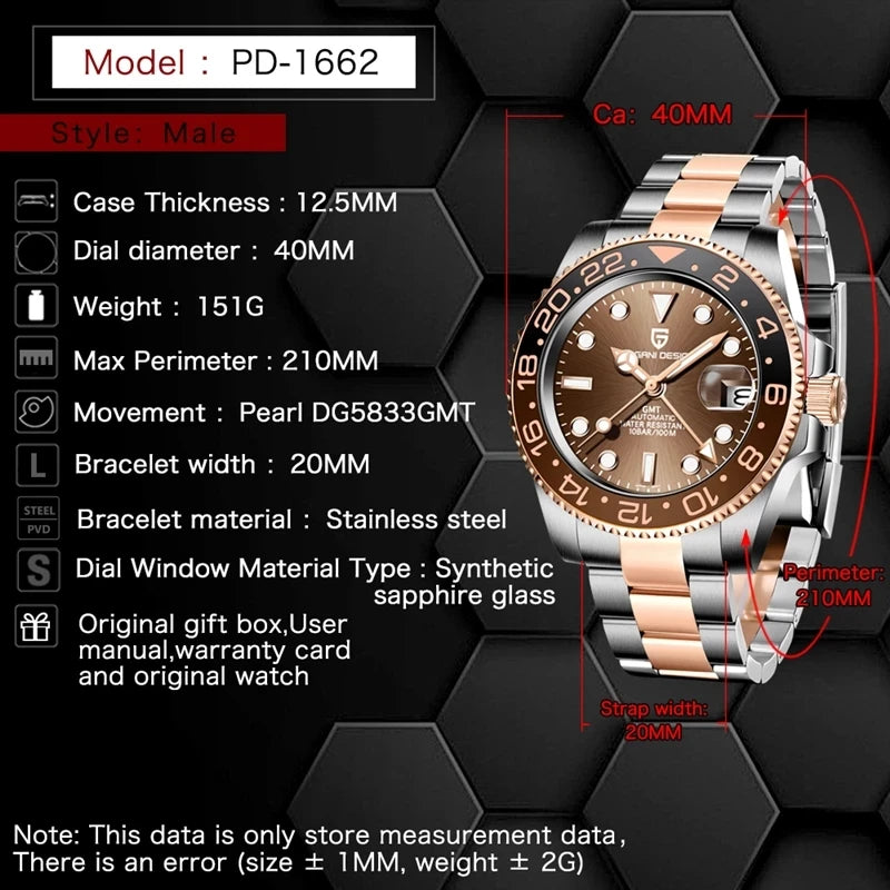 PAGANI DESIGN 40mm Reloj mecánico de lujo para hombre, reloj GMT de acero inoxidable, marca de alta gama, cristal de zafiro, relojes para hombre