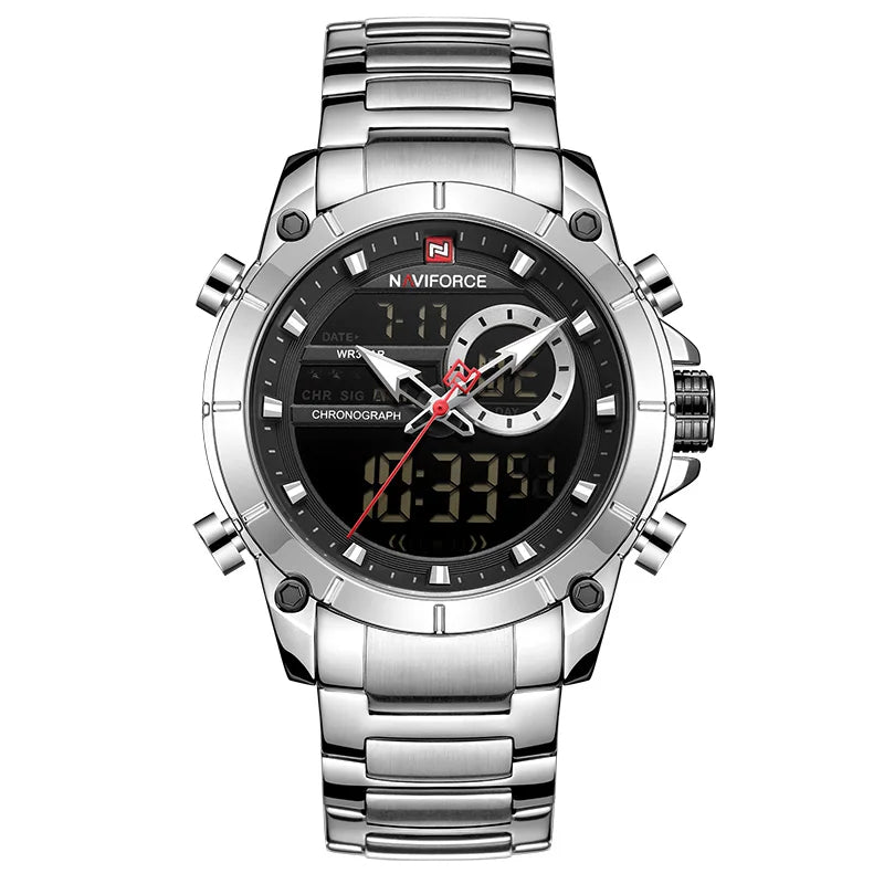 Reloj deportivo militar de lujo para hombre NAVIFORCE, totalmente de acero, resistente al agua, con doble pantalla digital y analógica