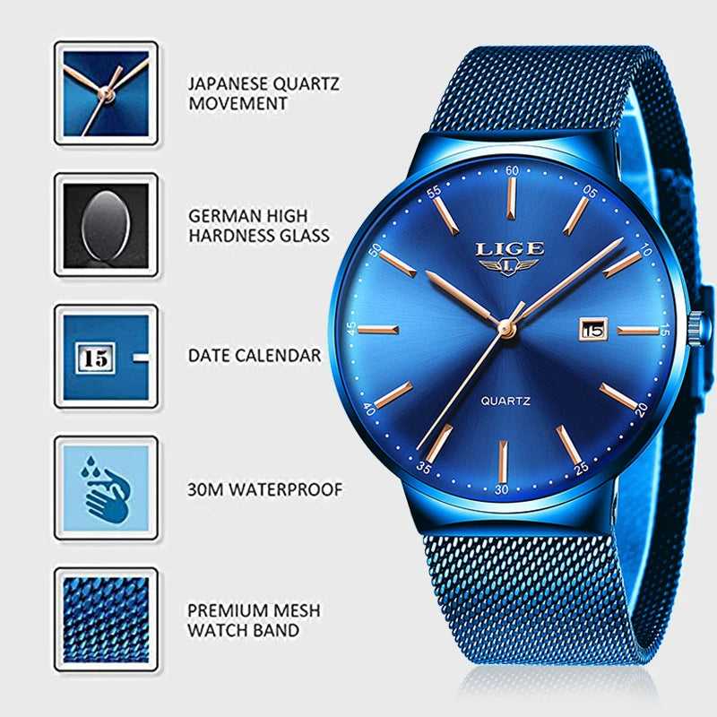 LIGE 2025 Reloj de cuarzo azul para hombre, marca de lujo, reloj de pulsera deportivo impermeable para hombre