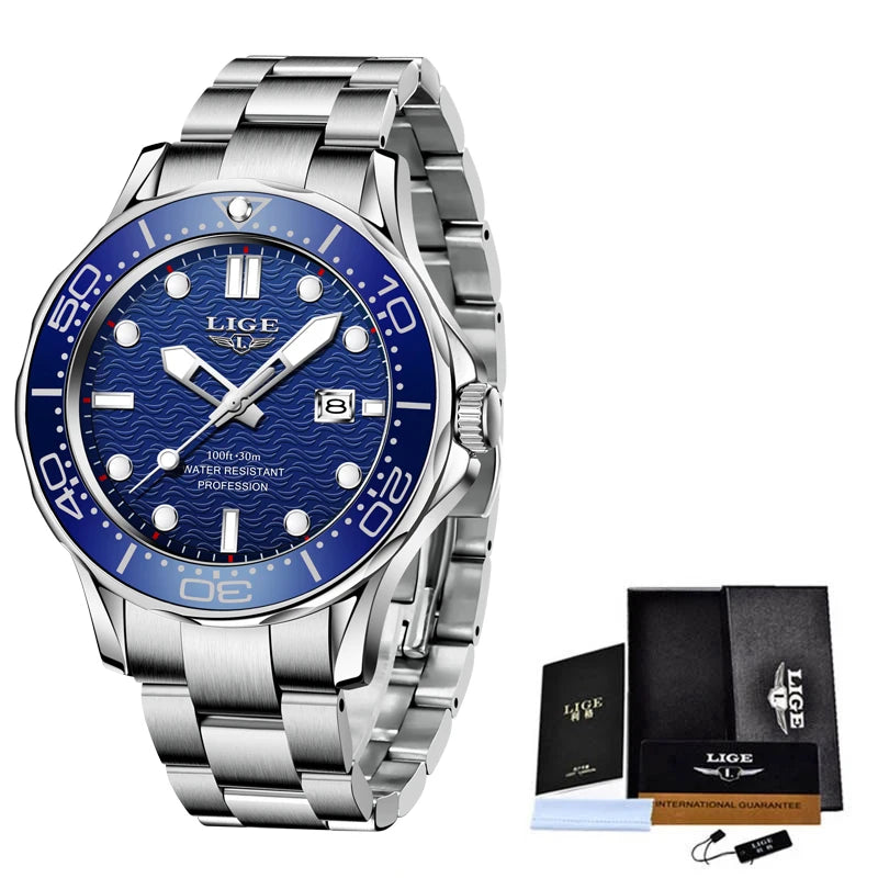 2025 LIGE Nuevos Relojes de Negocios para Hombres Reloj de Buceo de Lujo de Primera Marca para Hombres Reloj Deportivo con Fecha Resistente al Agua Reloj Masculino+Caja