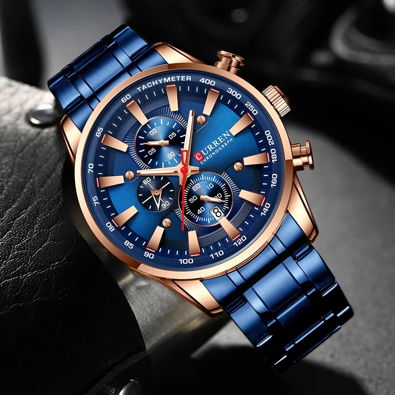 Reloj Curren para hombre, marca de lujo de alta gama, esfera grande, reloj de cuarzo azul, cronógrafo deportivo, reloj de pulsera para hombre, de acero inoxidable con fecha