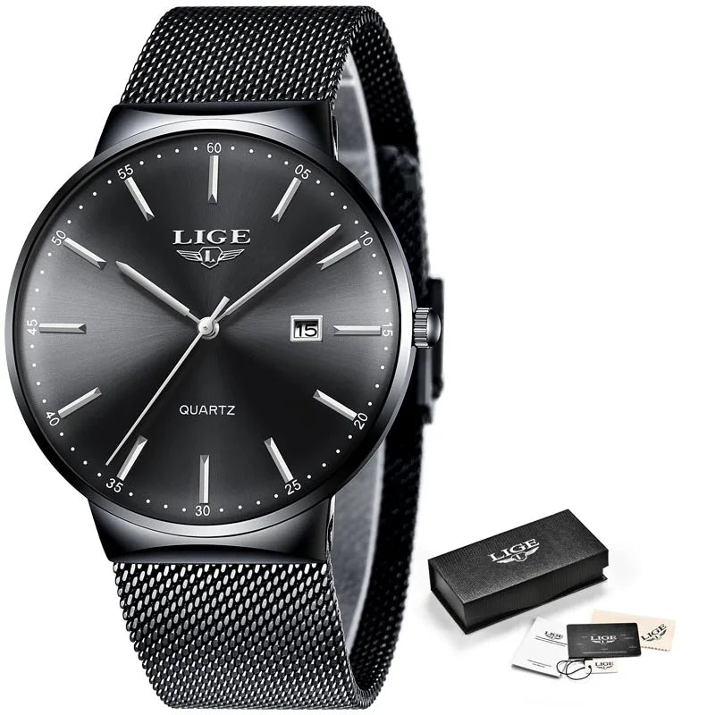 LIGE 2025 Reloj de cuarzo azul para hombre, marca de lujo, reloj de pulsera deportivo impermeable para hombre