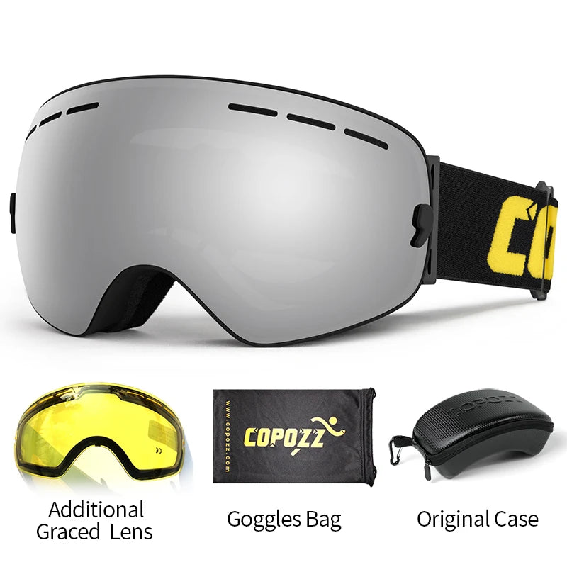 COPOZZ Gafas de esquí para adultos, lentes de 2 capas, antivaho, UV400, gafas esféricas para snowboard de día y noche, conjunto de gafas de esquí para hombres y mujeres