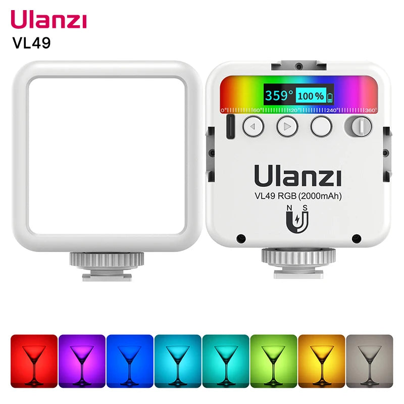 Ulanzi VL49 Luz LED RGB para Cámara, Video 2500K-9000K 800LUX, Mini Luz de Relleno Magnética con 3 Soportes de Zapata Fría, 2000mAh Tipo-C para YouTube