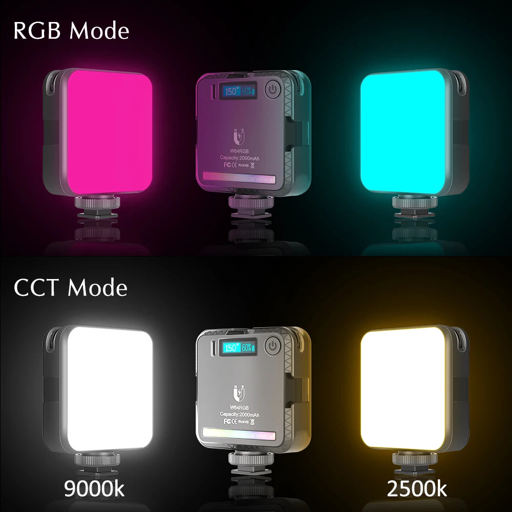Luz de Video LED Magnética SH W64 RGB para Fotografía, Luz de Cámara de 2500-9000K y 2000mAh con Efecto Difusor, Luz de Relleno para Vlog