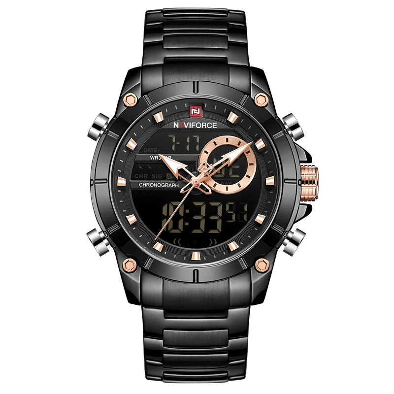 Reloj deportivo militar de lujo para hombre NAVIFORCE, totalmente de acero, resistente al agua, con doble pantalla digital y analógica