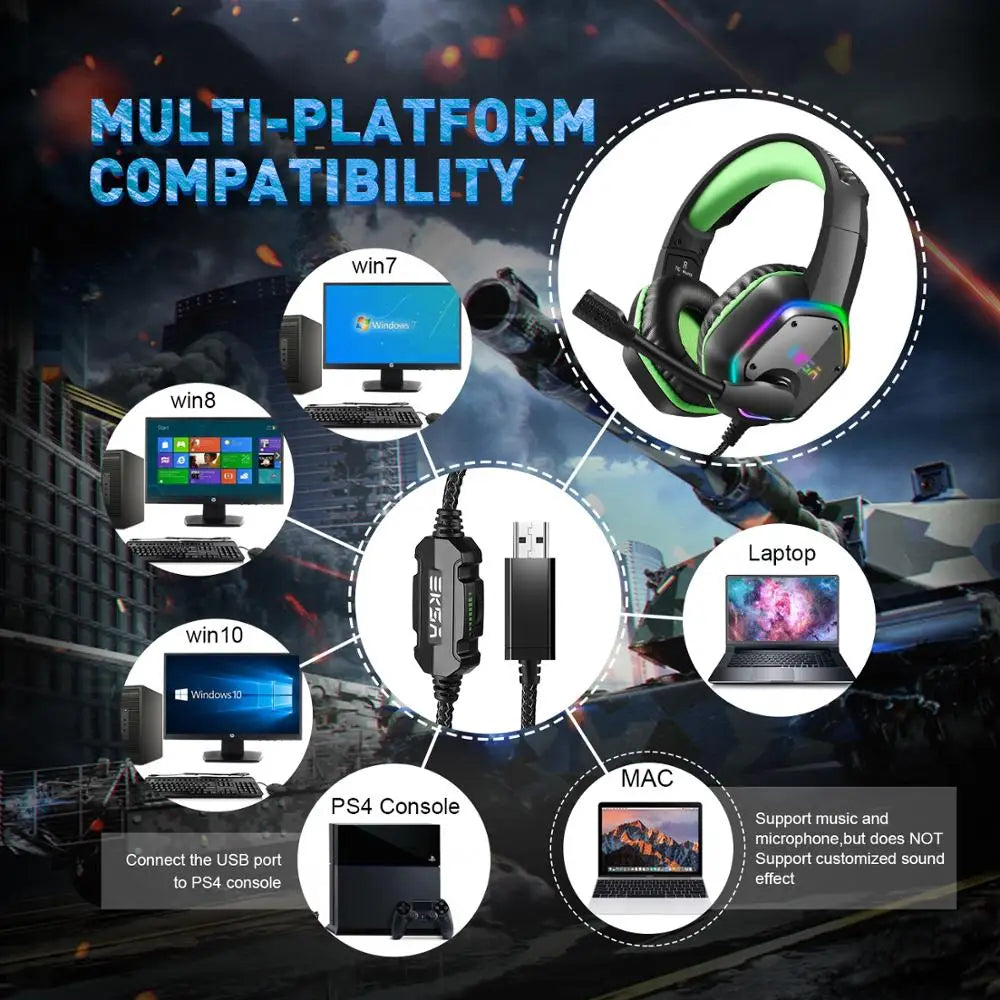 Audífonos gaming negros con aro verde y luz RGB; cable USB para múltiples plataformas