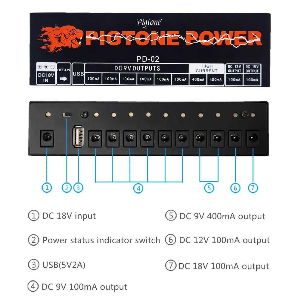 Pigtone-fuente de alimentación de Pedal de guitarra PD-02, salida de 10 vías, efectos de guitarra eléctrica, con carga USB