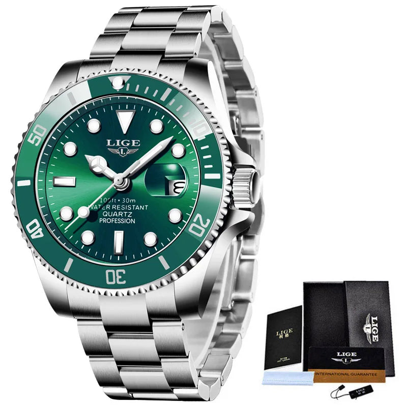 Reloj de pulsera deportivo para hombre LIGE, de cuarzo, marca de lujo, estilo buceo, resistente al agua 30ATM, con calendario.