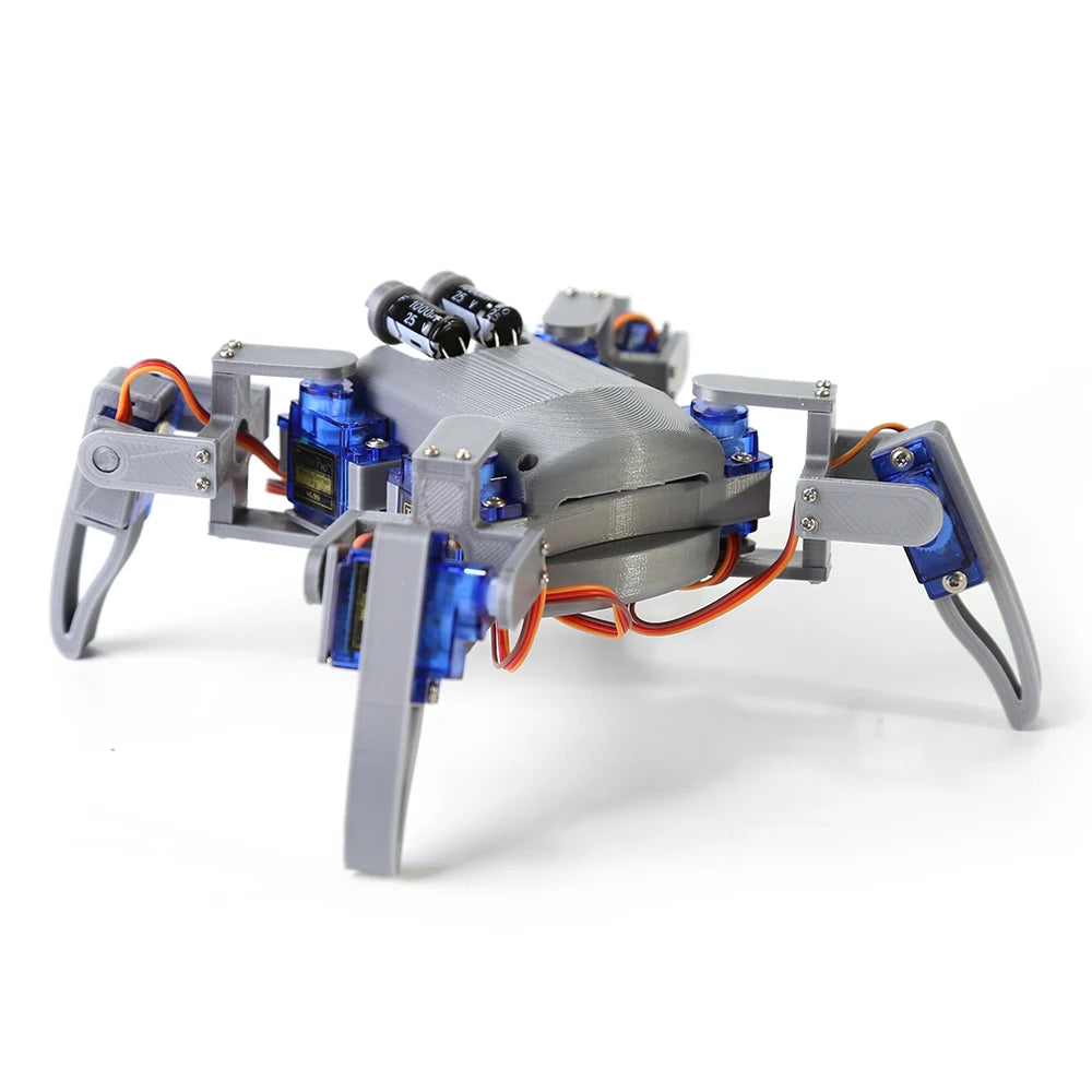 Robot araña cuadrúpedo 3D impreso con chasis gris, servos azules y módulos de control