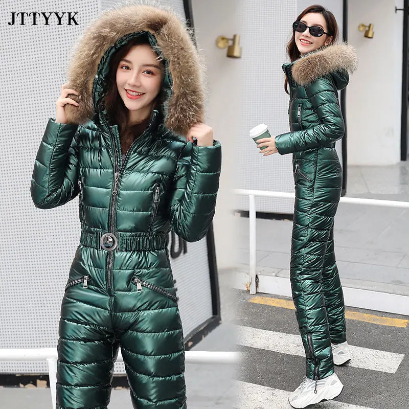 Traje de esquí de una pieza para mujer, chaquetas de invierno, Parka con capucha, mono de algodón para mujer, monos con fajas, monos con cremallera, chándales