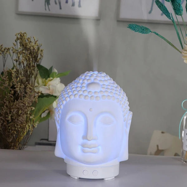 Difusor de Aceites Esenciales de 100ml con Cabeza de Buda, Humidificador con Lámpara Nocturna, Difusor de Aromaterapia para el Hogar