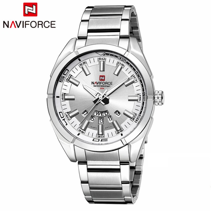 Reloj de cuarzo para hombre NAVIFORCE, plateado, de moda, lujo, estilo militar, deportivo, resistente al agua, con visualización de fecha y día