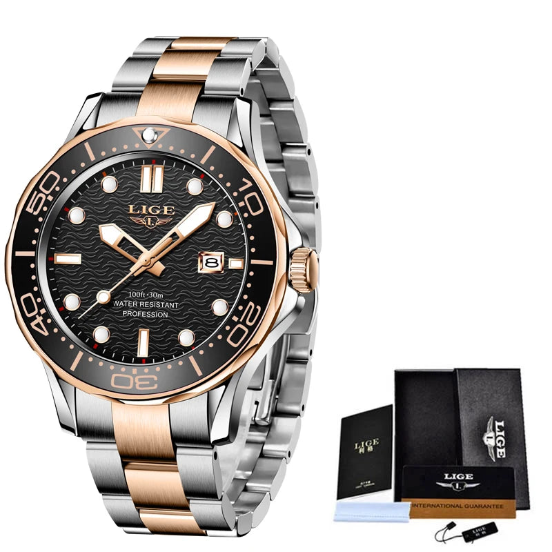 2025 LIGE Nuevos Relojes de Negocios para Hombres Reloj de Buceo de Lujo de Primera Marca para Hombres Reloj Deportivo con Fecha Resistente al Agua Reloj Masculino+Caja