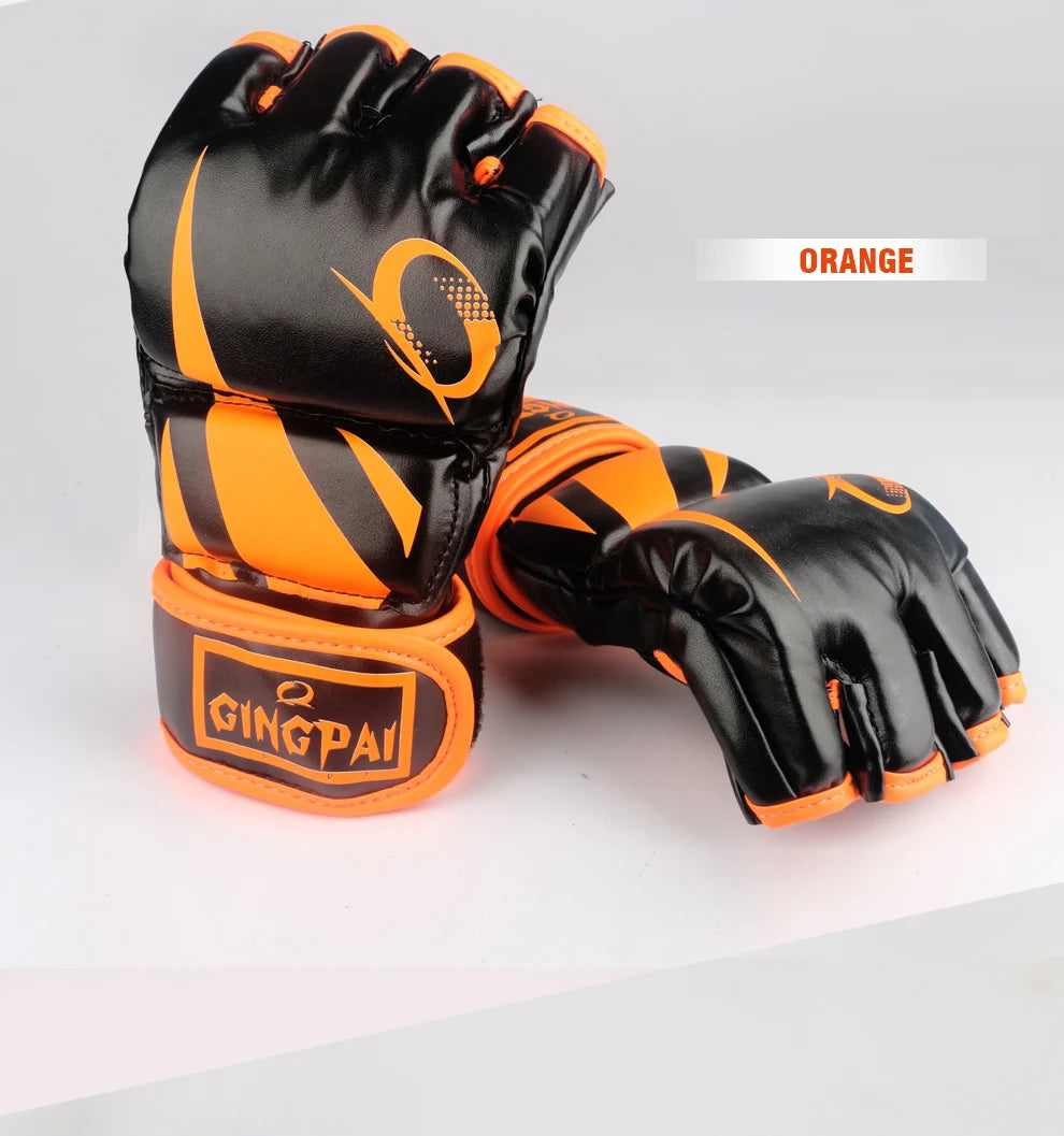 GINGPAI-guantes de boxeo MMA para hombre, guantes de entrenamiento Sanda Muay Thai de medio dedo, guantes de combate de medio dedo, Material PU de Taekwondo