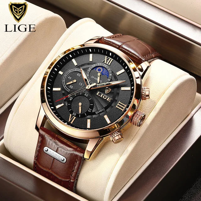 Relojes de moda para hombre LIGE, marca de lujo, reloj de cuarzo informal con correa de piel, reloj deportivo impermeable para hombre, Relogios Masculino + caja