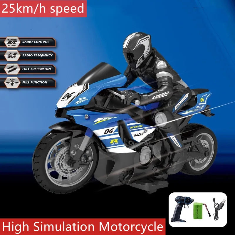 Motocicleta RC de alta velocidad y simulación de 25 KM/H, vehículo de control remoto 2.4G, moto de drift con motores de alta potencia