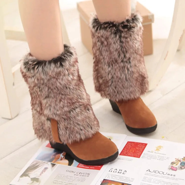 Moda clásica de invierno, botas de piel para mantener el calor, tacones altos para mujer, botas de nieve hasta la rodilla con plataforma, zapatos de cuña de piel cálidos para mujer