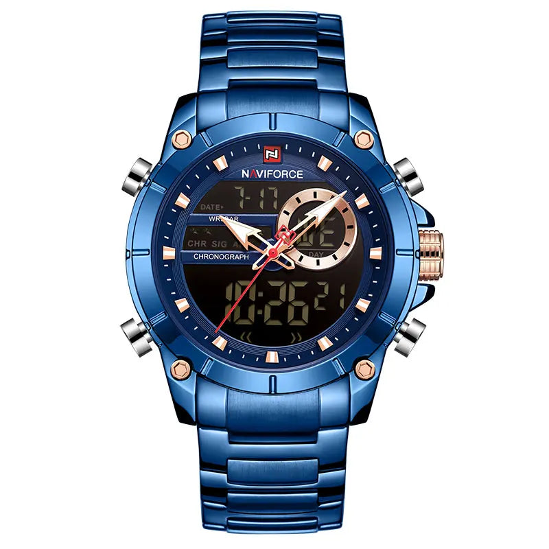 Reloj deportivo militar de lujo para hombre NAVIFORCE, totalmente de acero, resistente al agua, con doble pantalla digital y analógica