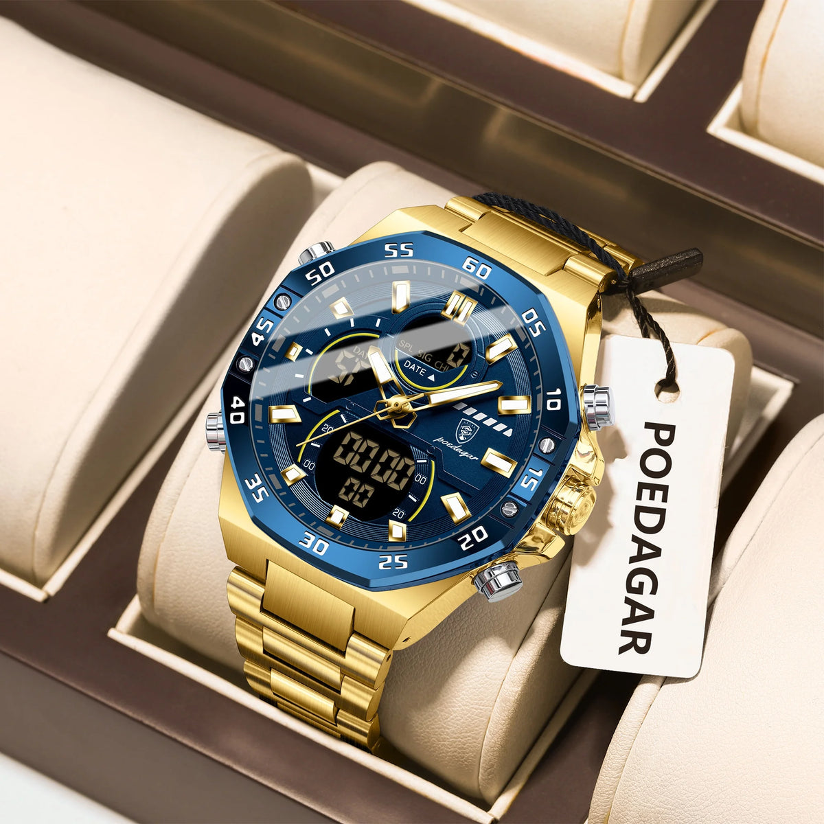Reloj para hombre POEDAGAR de cuarzo, LED, luminoso, resistente al agua, con fecha y día, de acero inoxidable, a la moda, militar, digital.