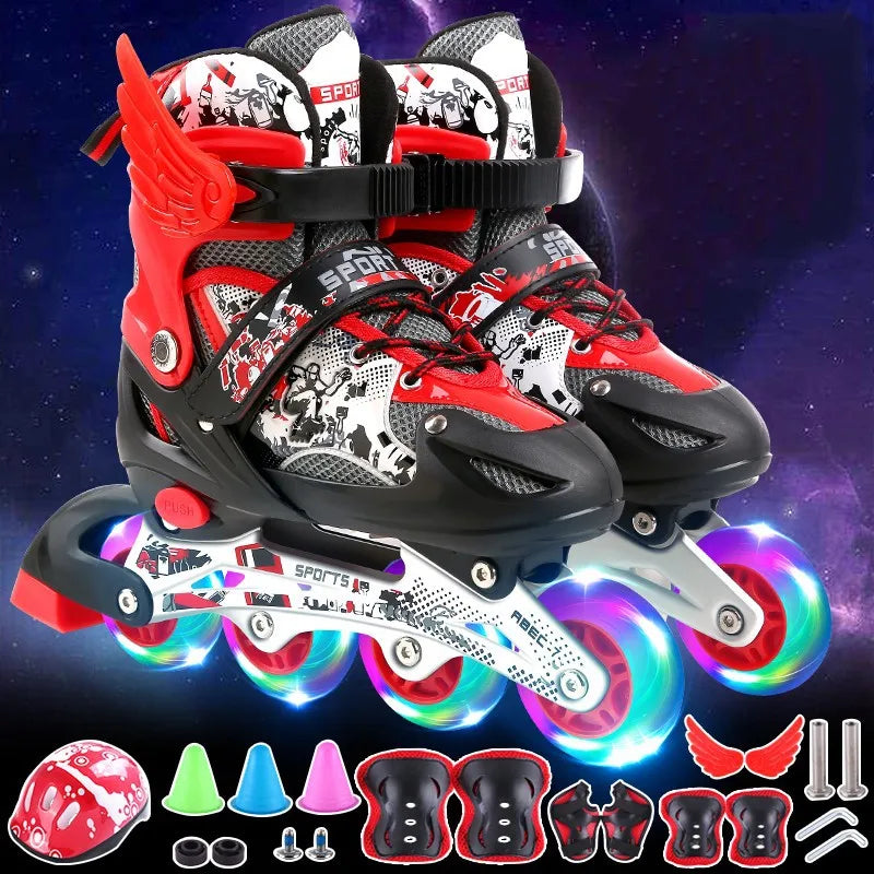 Patines Flash tamaño ajustable 26-42 para niños niñas zapatillas de patinaje al aire libre zapatos de patín de 4 ruedas con casco, rodillera para codo