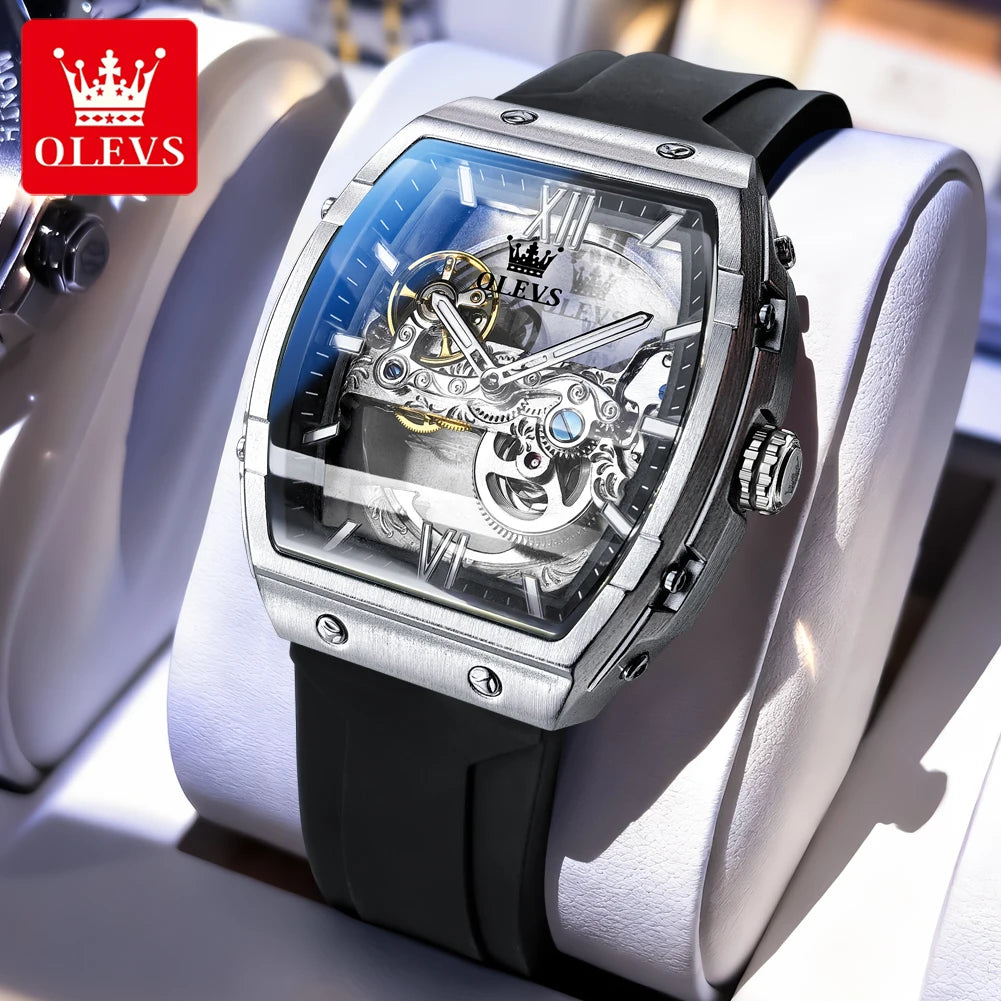 Reloj automático para hombre OLEVS 6779, esfera grande de 50 mm, diseño esqueleto, resistente al agua, correa de silicona, reloj mecánico para hombre