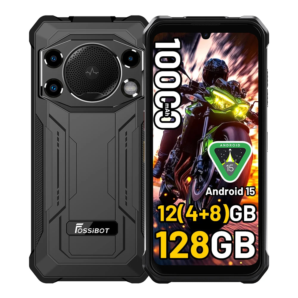 Smartphone resistente Fossibot F110L, Android 15, 12GB (4+8GB ampliables) de RAM, 128GB de ROM, pantalla HD+ IPS de 6.745", batería grande de 10000mAh, triple cámara de 50MP+8MP+5MP, NFC GPS
