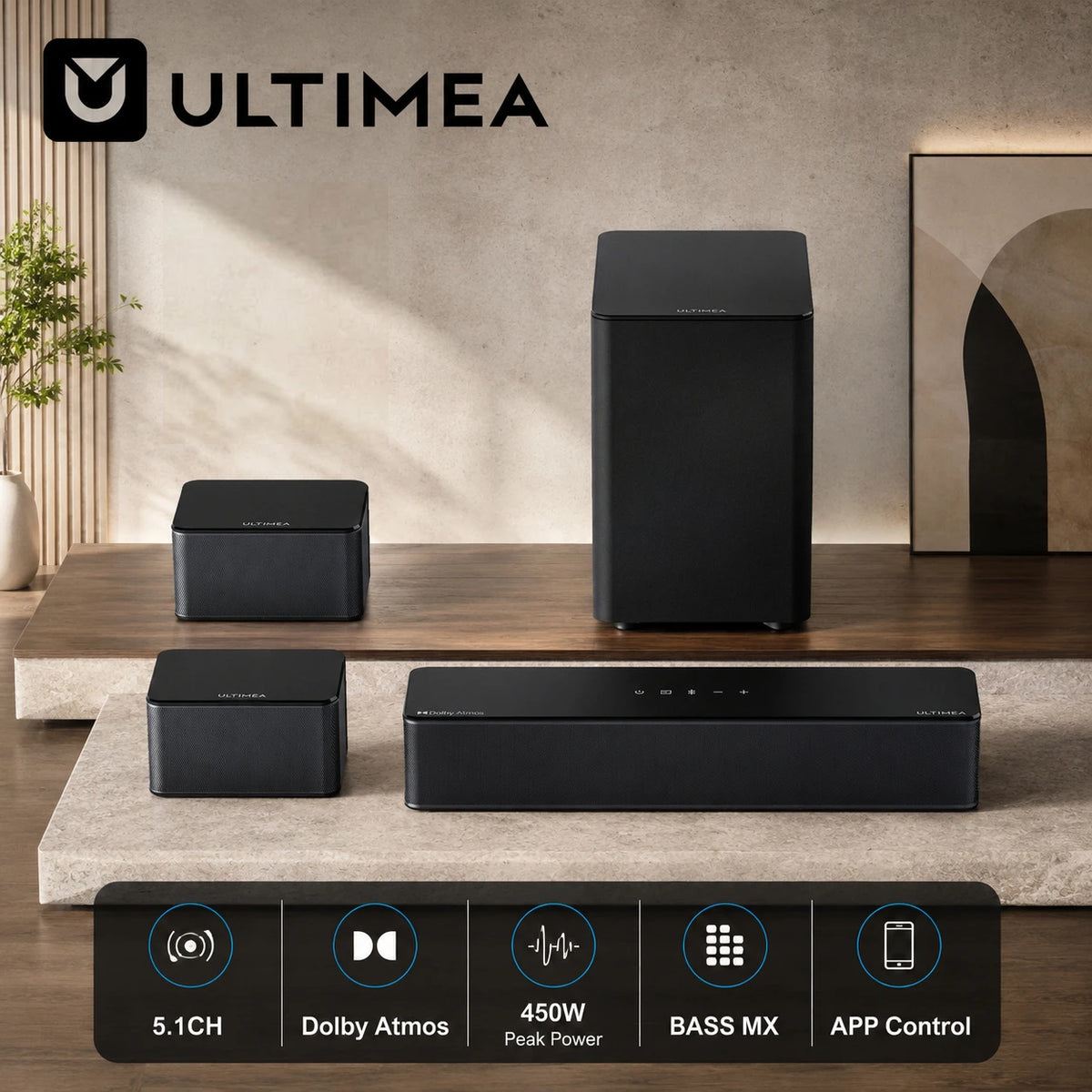 Barra de Sonido ULTIMEA 5.1 Dolby Atmos para Smart TV, Barra de Sonido de 450W con Subwoofer Inalámbrico y Altavoces Traseros, Cine en Casa, BassMX, Control por Aplicación
