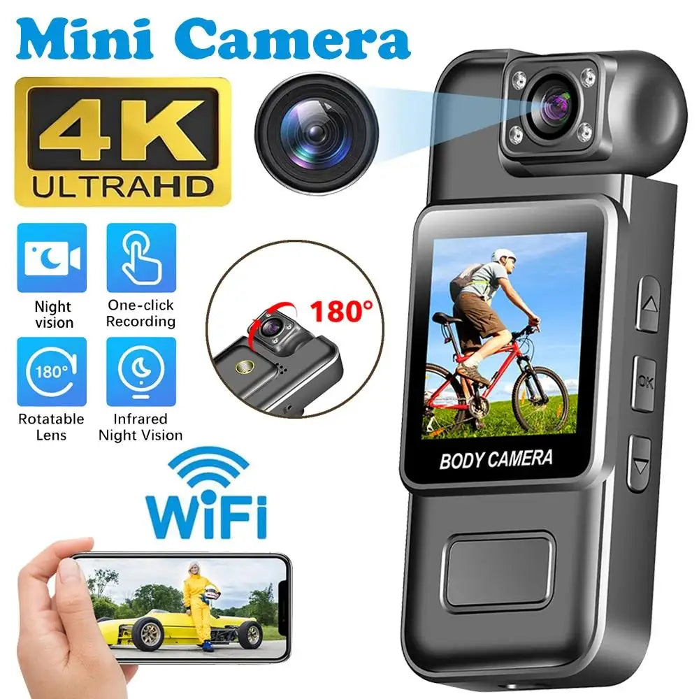Cámara Corporal 4K Ultra HD, Mini Cámara Portátil con Visión Nocturna, 180° °   Lente Giratoria, Larga Duración de Batería, Grabación de Video