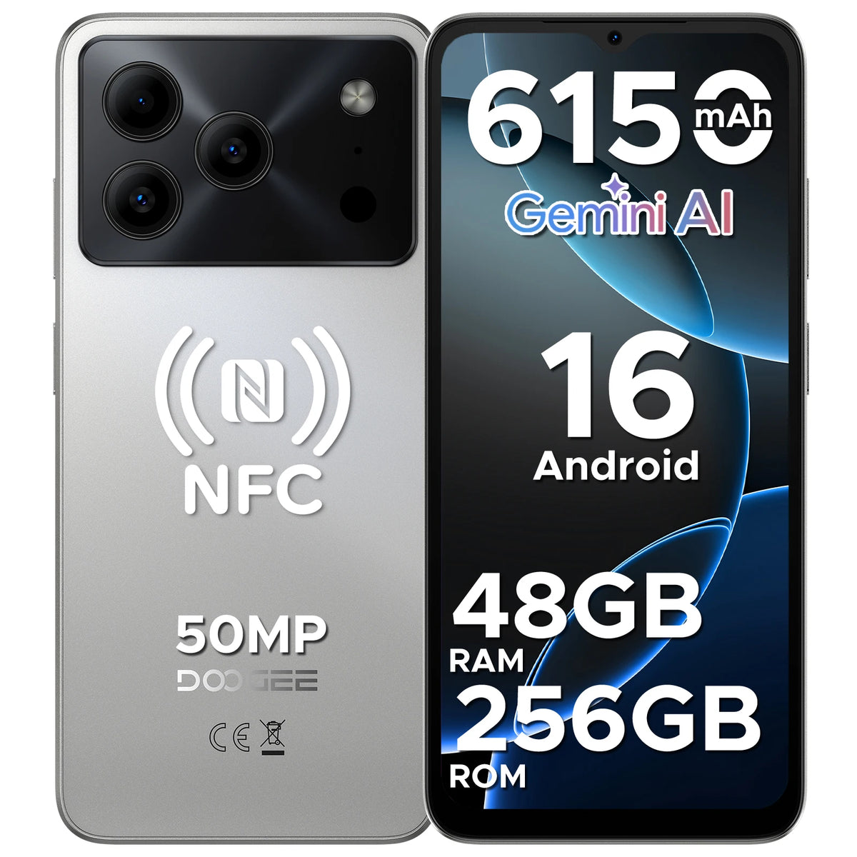 Teléfono inteligente DOOGEE Note56 Plus VIP Edition Android 16 Gemini AI, batería de 6150 mAh, 48 GB de RAM (6+42), 256 GB de ROM, cámara de 50 MP