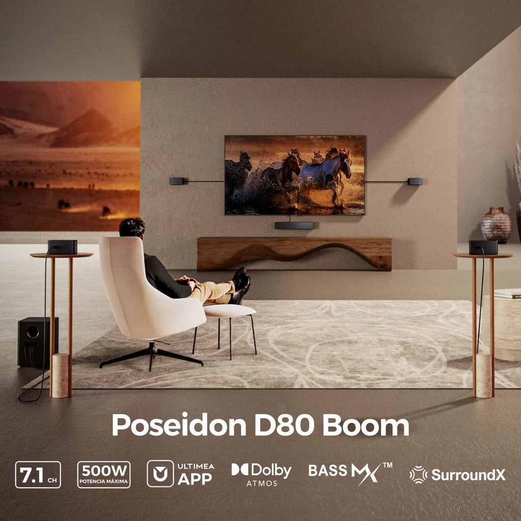 Barra de Sonido ULTIMEA Poseidon D80 Boom 7.1ch 500W Dolby Atmos, Subwoofer Inalámbrico y 4 Altavoces Surround, Cine en Casa, Control por Aplicación