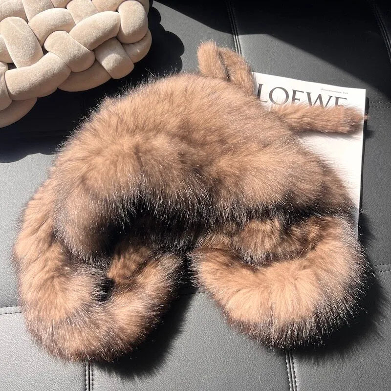 Gorro de piel de zorro, bufanda, gorro para la nieve, abrigo de otoño e invierno para mujer, diseño moderno, gorro de felpa de doble capa para proteger las orejas.